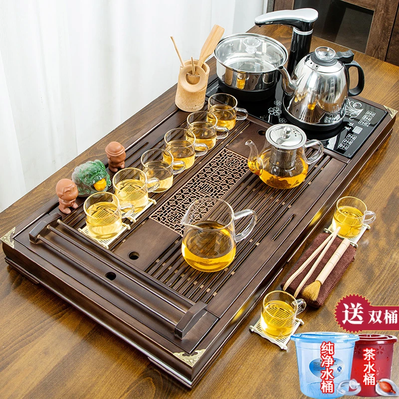 茶艺尖茶盘一体式全自动上水实木排水式茶台家用中式电炉套装