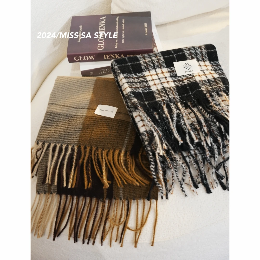 MISS SA 复古流苏格子新款高级韩系保暖百搭围巾披肩俩用24119866