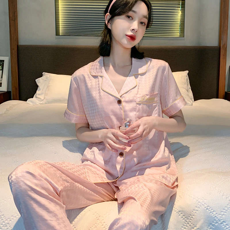 短长睡衣女夏季冰丝短袖长裤家居服夏天薄款加大码凉爽套装