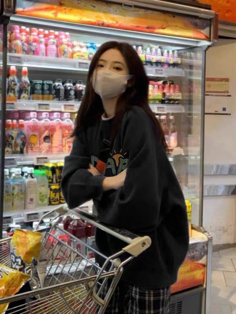 美式复古vibe风卫衣女加绒加厚款秋冬季慵懒风银狐绒圆领宽松上衣