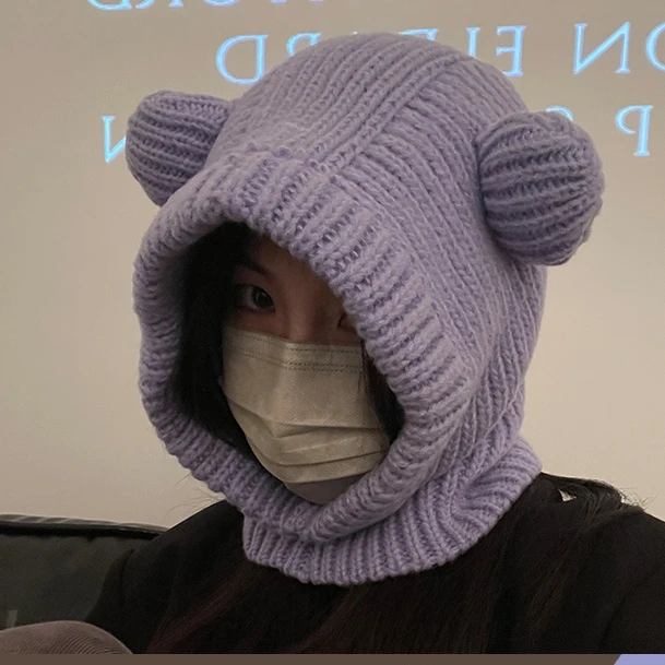 TUshu/噗噗紫色小熊拉法帽~韩版百搭复古毛线帽子秋冬保暖雷锋帽