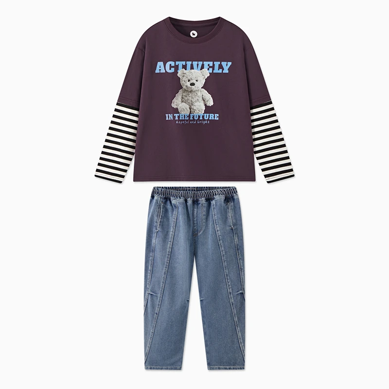 MQD童装25春季新品潮酷休闲条纹卡通假两件长袖套装TCW0325