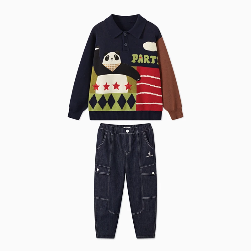 MQD童装儿童冬季新品学院风卡通趣味保暖翻领毛衣套装TCW0791