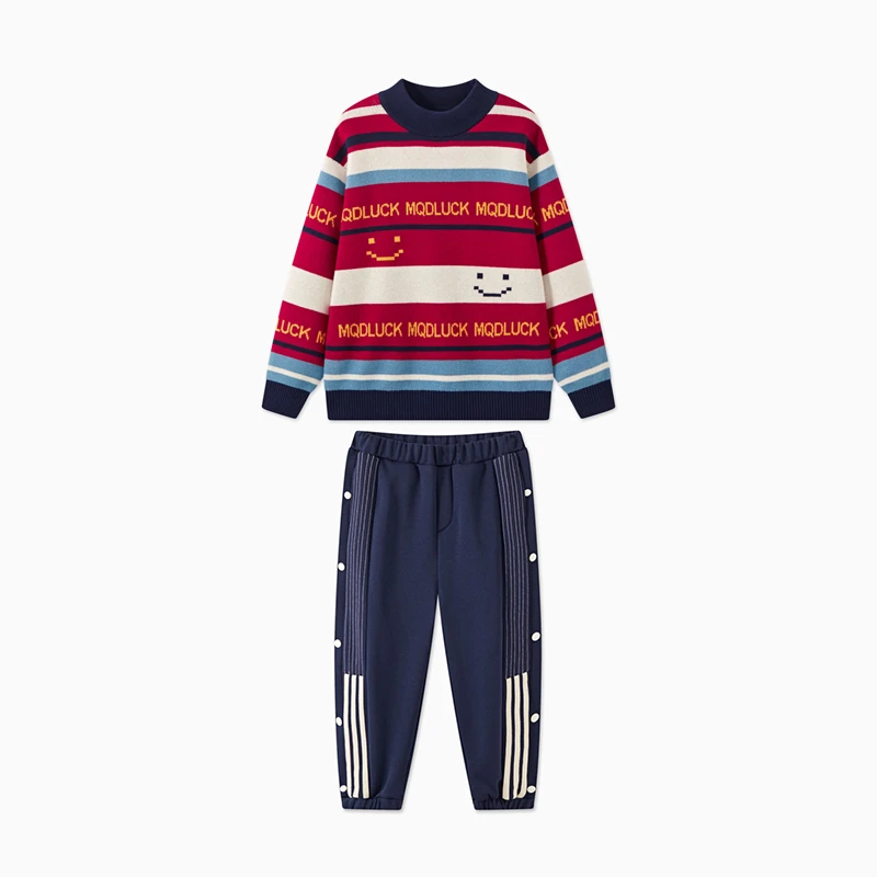 MQD童装冬新款学院风条纹撞色休闲半高领毛衣套装TCW07C8
