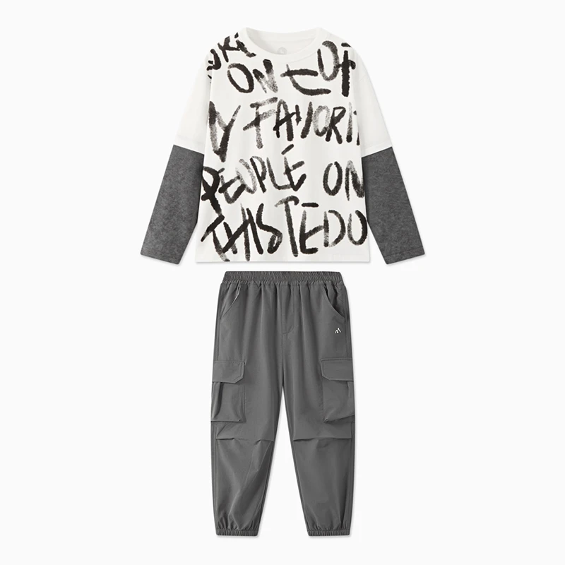 MQD童装儿童秋季新品潮酷休闲字母拼接假两件长袖T恤套装TCW0308