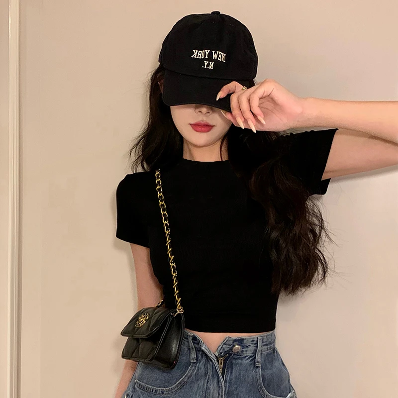 短款上衣女款黑色正肩短袖t恤辣妹修身显瘦高腰小个子露脐装夏季