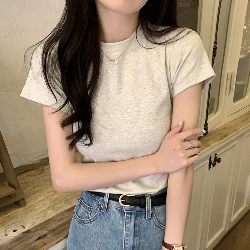 灰色女士短袖t恤女款纯色半高领修身显瘦夏季正肩百搭上衣夏装