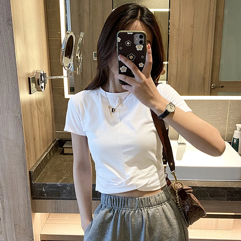白色短款短袖t恤女2025年夏季小众设计感辣妹高腰露脐上衣ins潮
