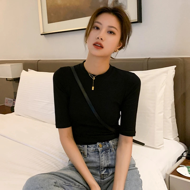 黑色中袖修身短袖T恤女2025新款紧身显瘦百搭半高领五分袖上衣ins