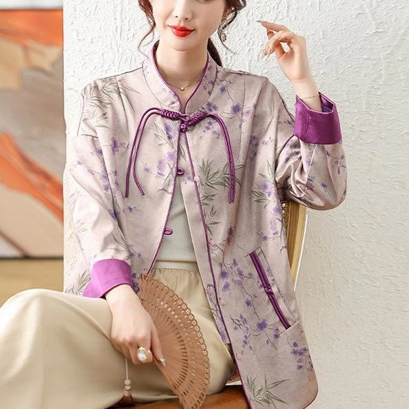 新中式国风2024秋季新款上衣印花唐装古风衬衫复古分立领汉服小衫