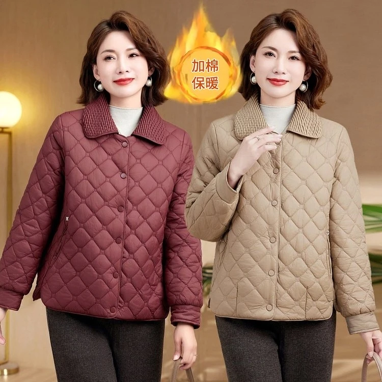 中年妈妈秋冬薄款夹棉外套洋气中老年人女装保暖棉服