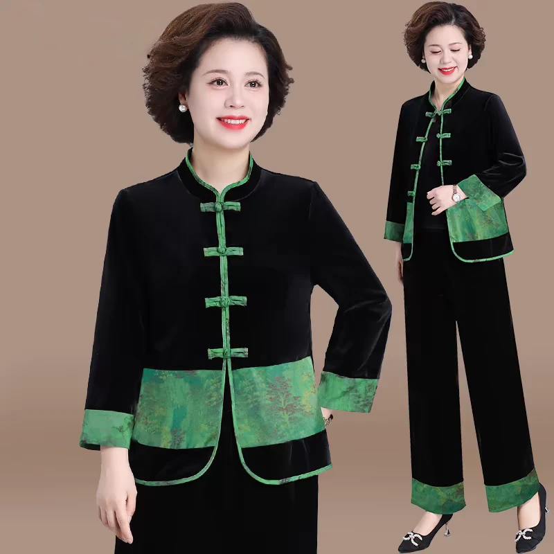 妈妈秋装上衣新中式金丝绒套装女两件中老年阔太太衣服秋季