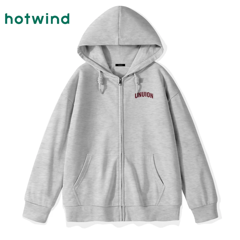 热风春秋季卫衣开衫外套女2025新款小个子美式复古花灰色连帽上衣