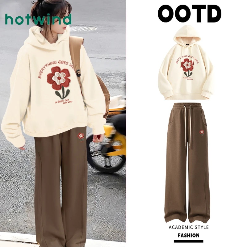 Hotwind/热风加绒卫衣女2025新款秋冬慵懒风宽松套装小个子两件套