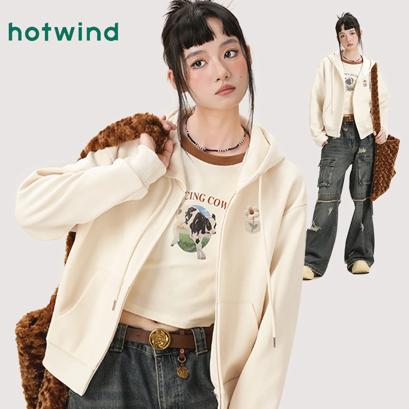 热风连帽卫衣女春秋款慵懒风短款休闲外套小个子百搭宽松长袖上衣