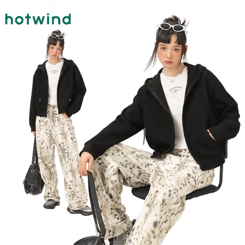 热风短款卫衣女2025新款黑色连帽外套春秋季美式宽松大码胖mm上衣