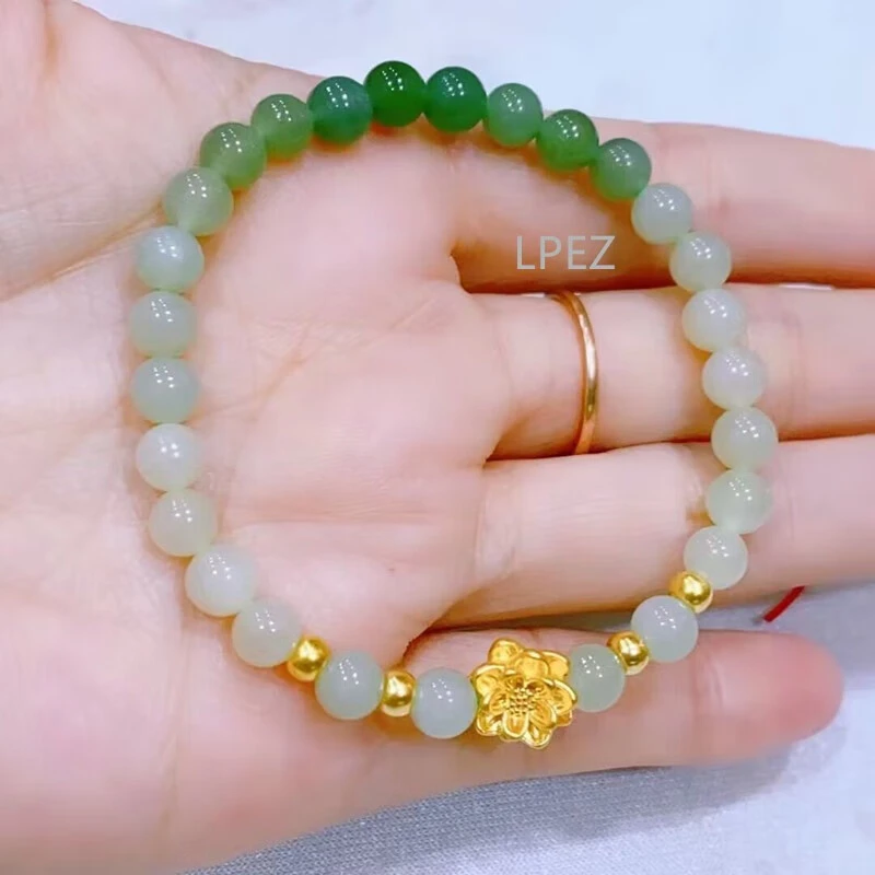 老凤样黄金999足金转运珠手链和田玉莲花女款手串送女友生日手工