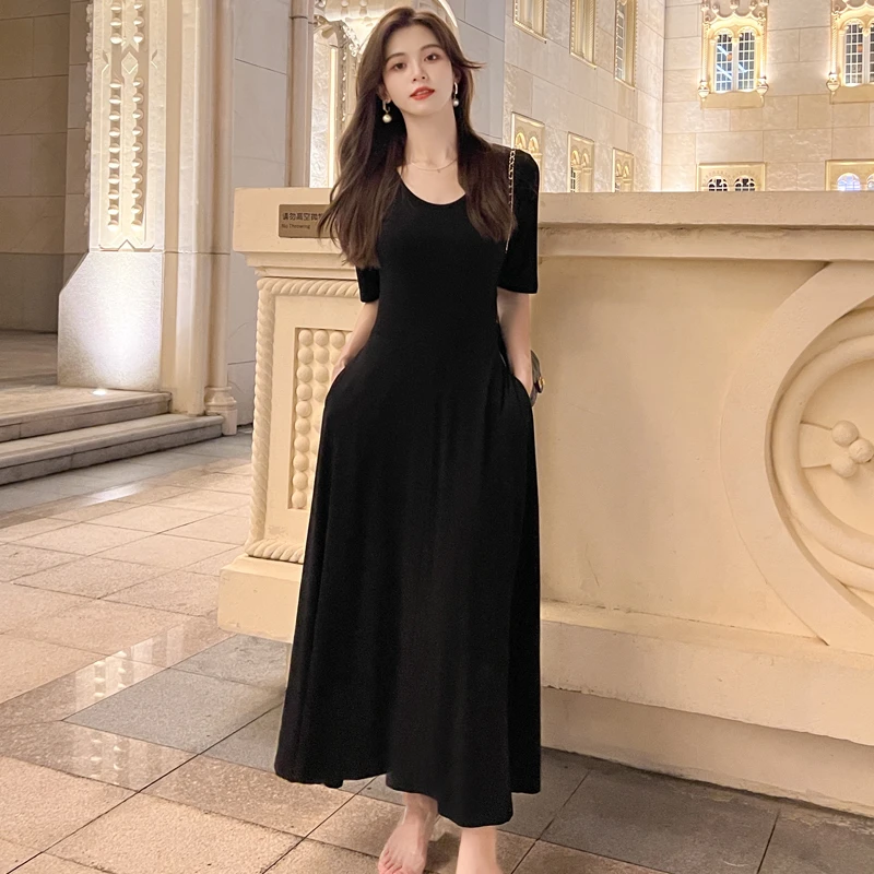 莫代尔黑色大摆连衣裙女装2025春夏季新款复古法式显瘦收腰长裙子
