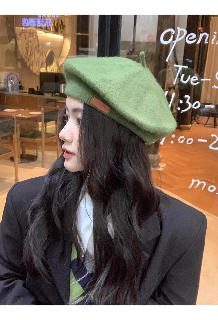 2024冬款针织贝雷帽女时尚百搭糖果色贝雷帽粉色黄色