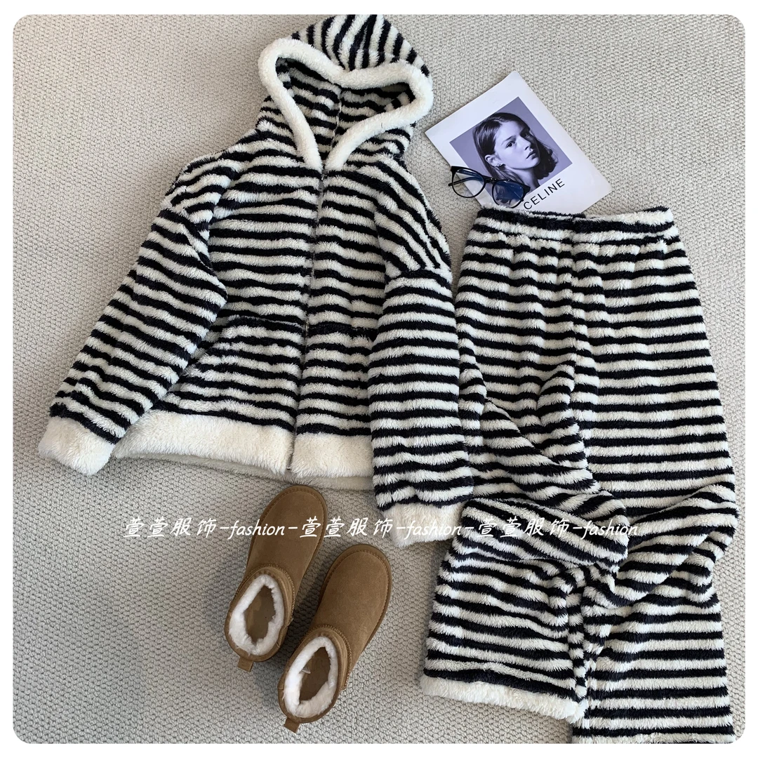 【萱萱服饰】SY65秋冬新款双面北极绒加厚绒条纹睡衣秋冬季家居服女