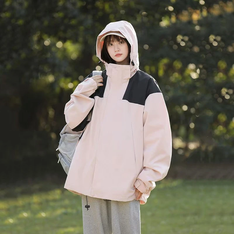 北家潮牌冲锋衣男女春秋运动休闲连帽宽松情侣韩版粉色冲锋衣外套