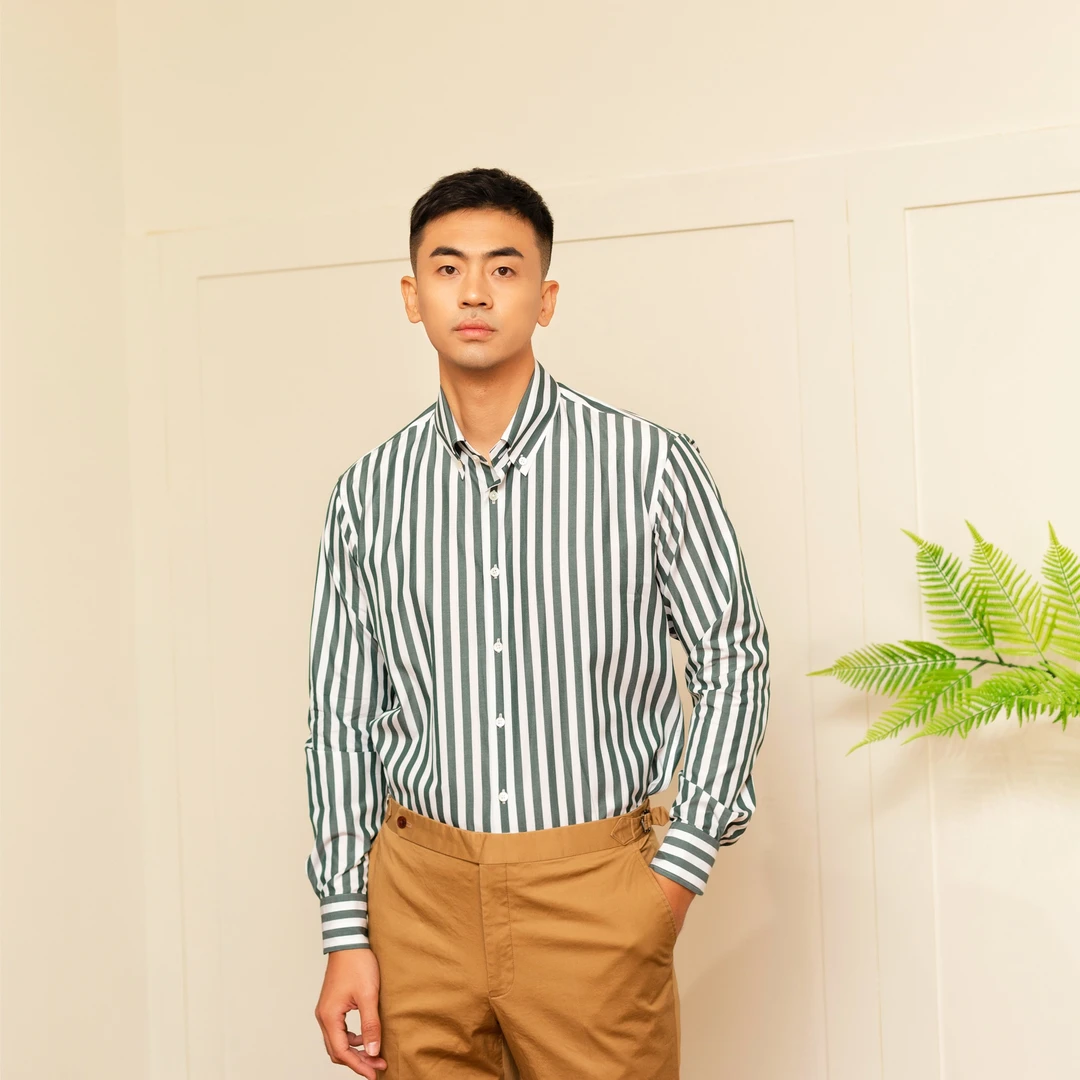 意式休闲绿条纹钉扣领衬衫男士衬衣长袖时尚简约潮流修身竖条纹