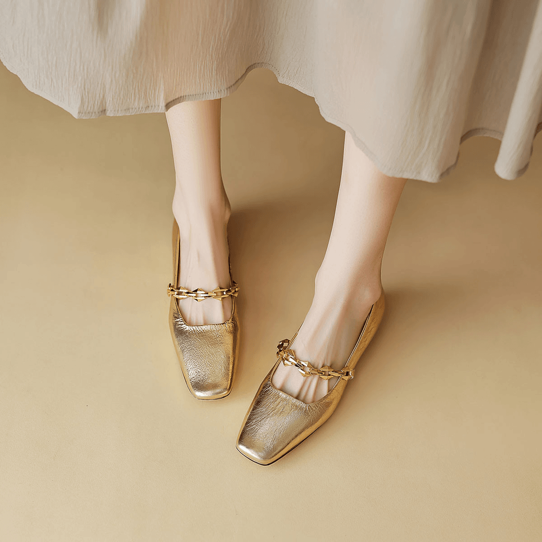 MARIECLAIRE亮面链条式一字带玛丽珍小方头显瘦法式复古女鞋