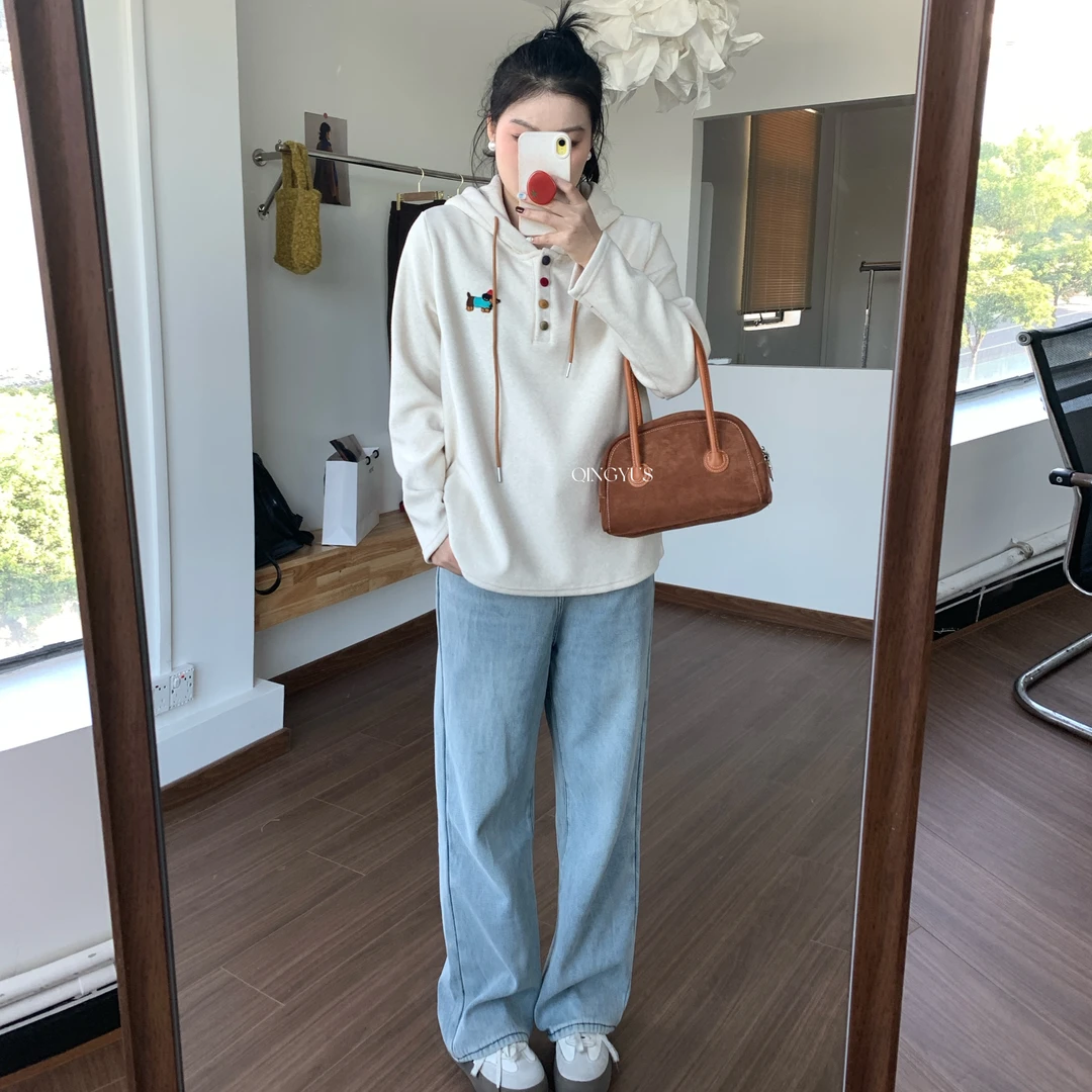 百搭减龄卫衣卡通刺绣连帽加绒小众上衣微胖显瘦宽松大码冬季女装