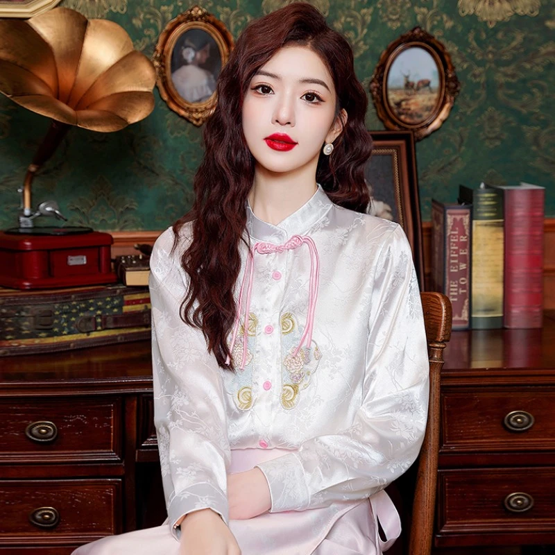 2024春秋新中式国风重工刺绣复古提花衬衫女禅意盘扣衬衣别致上衣