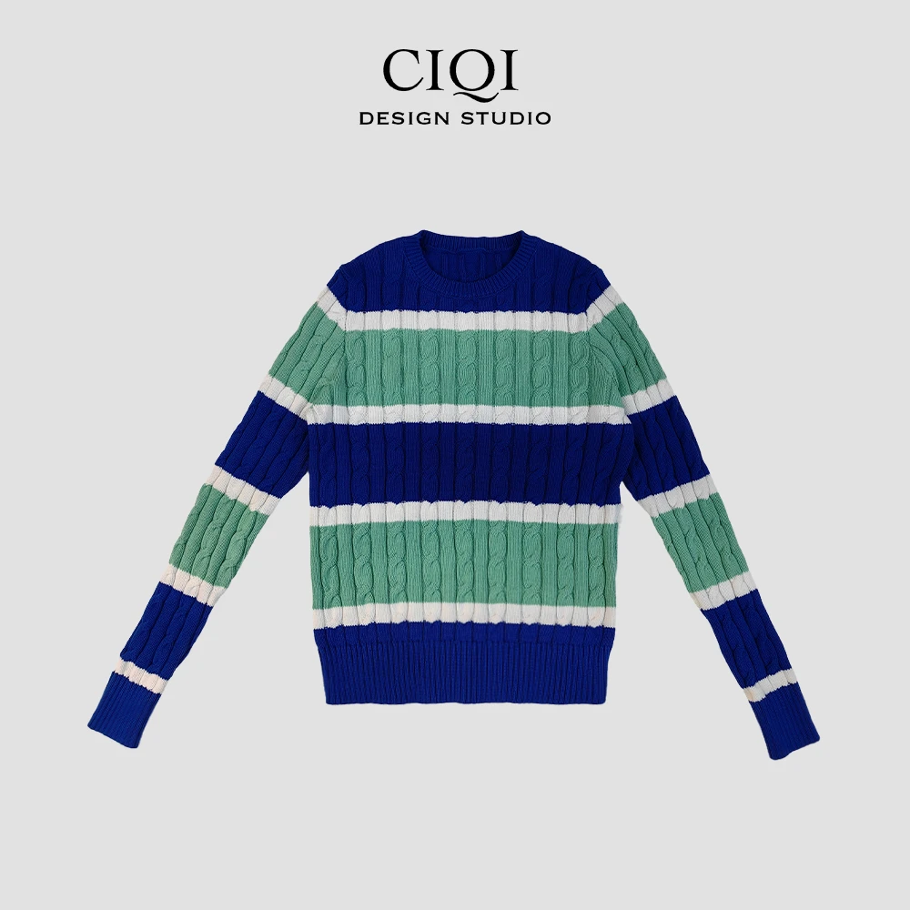CIQI STUDIO 蓝色绞花条纹长袖针织衫 DY8090