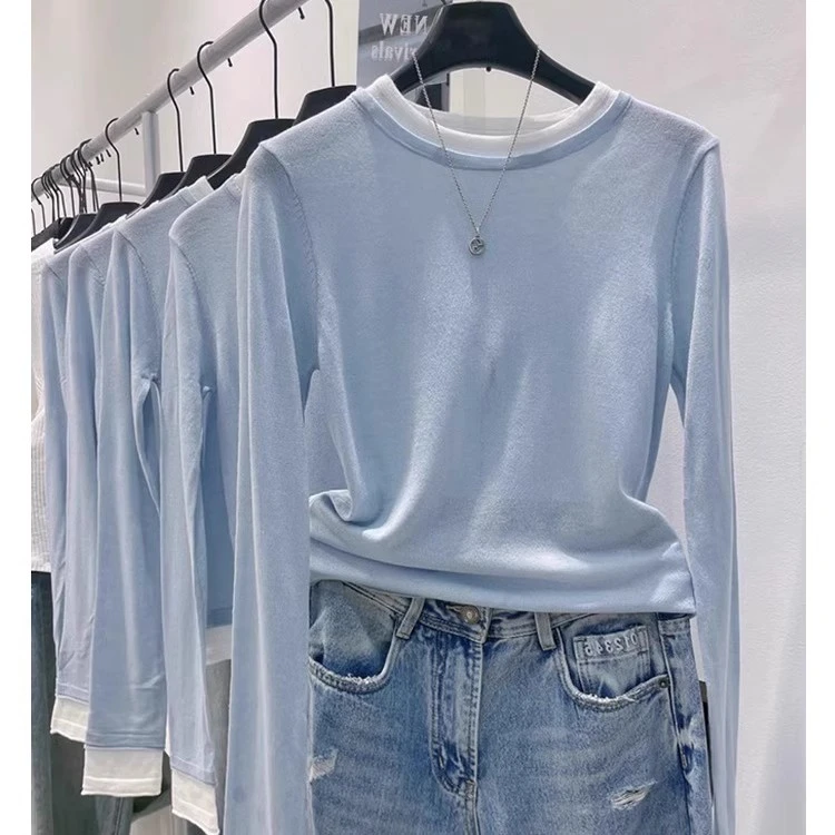 设计感小众气质内搭打底衫多巴胺蓝色修身显瘦长袖T恤女春秋新款