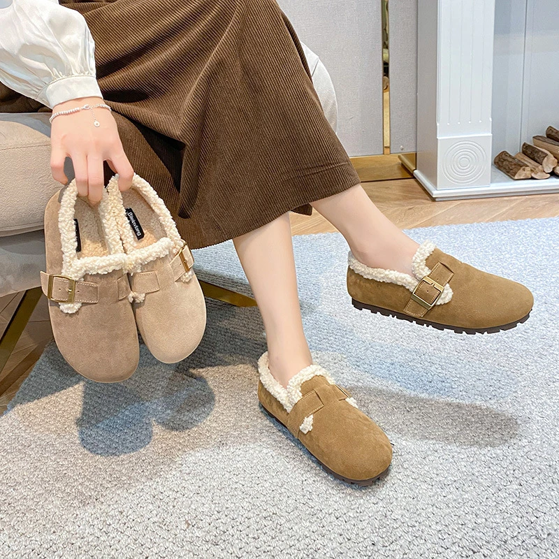真皮毛毛鞋女外穿羊羔毛加绒一脚蹬豆豆鞋新款网红保暖孕妇棉单鞋