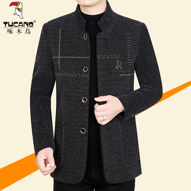 啄木鸟高档春秋季男士毛呢外套休闲保暖呢子大衣雪尼尔加棉加厚男
