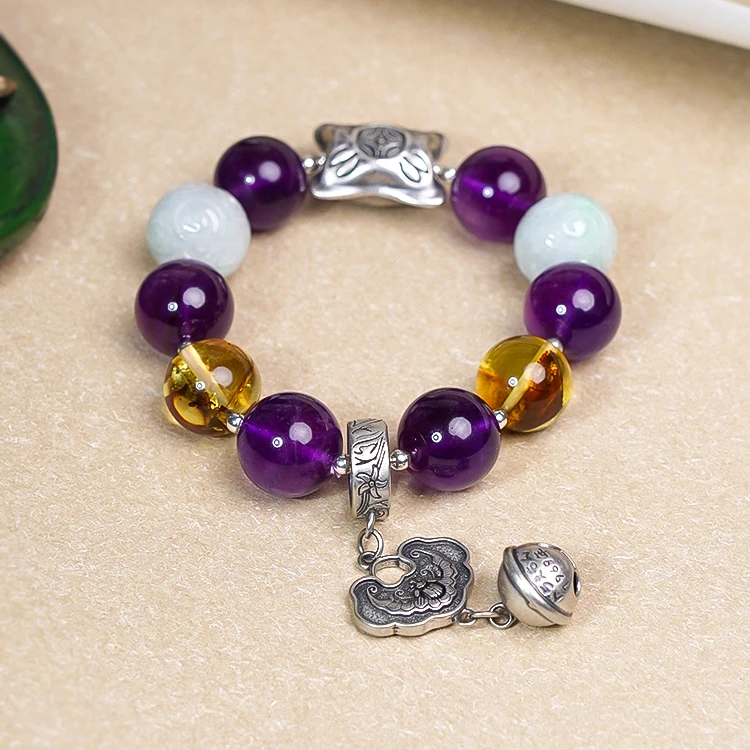 水晶手串【宝陀明月】黑加仑紫水晶多宝翡翠手串平安钱袋精美搭配