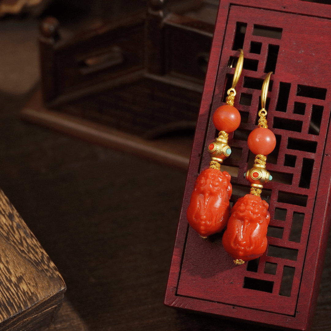 （尾款）南红貔貅精雕国风耳环