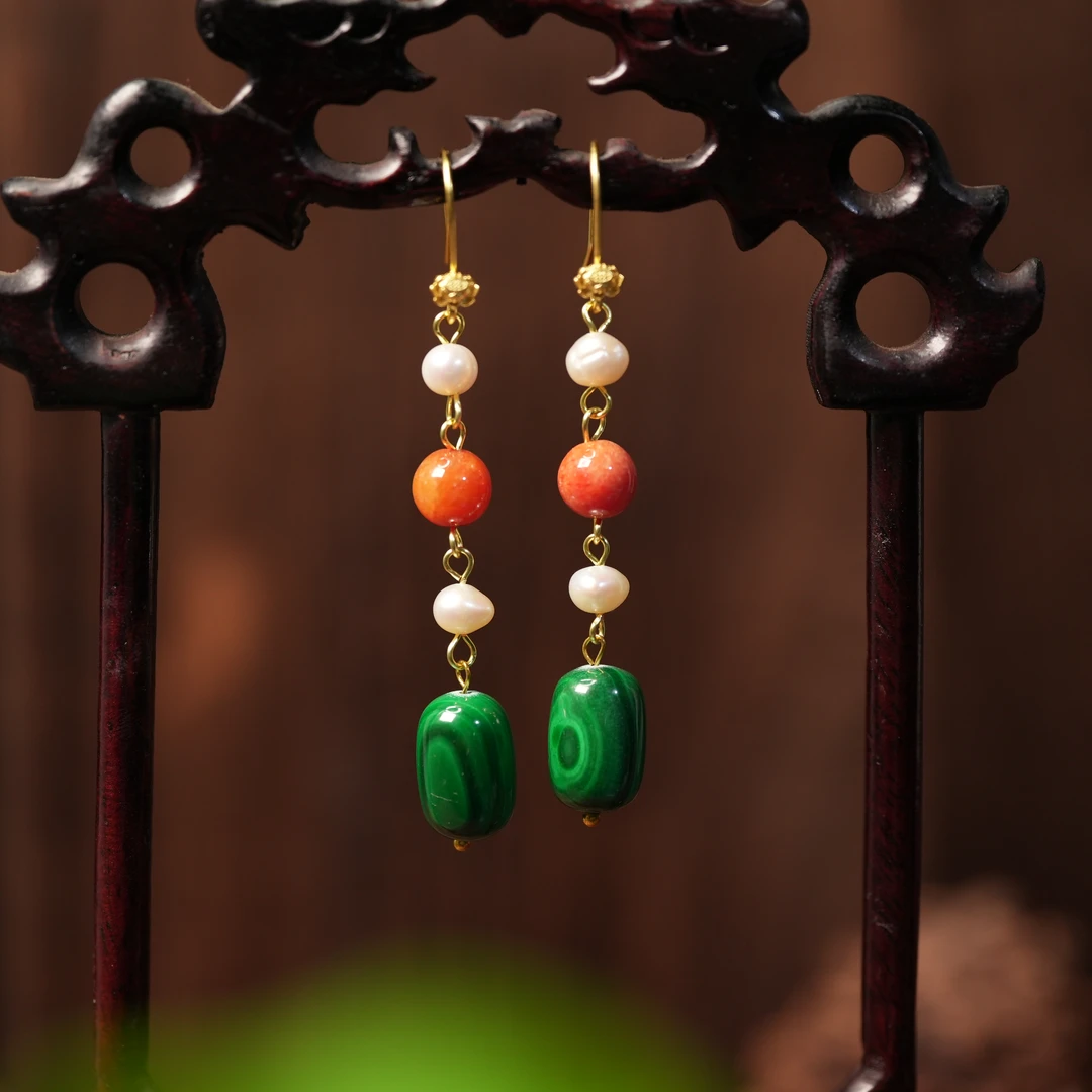 【宝陀明月】孔雀石桶珠国潮风轻奢多宝耳环