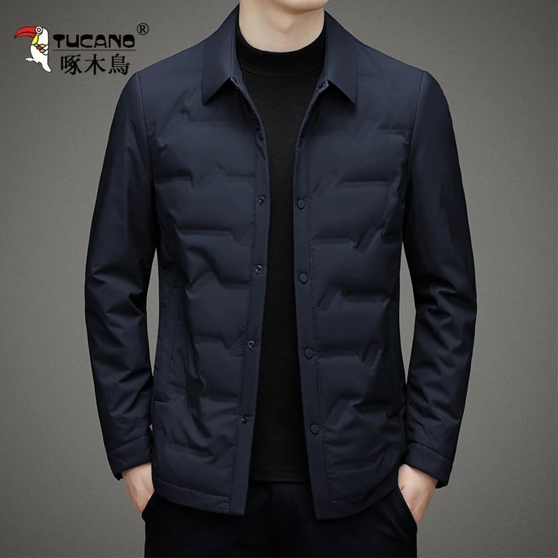 啄木鳥2024秋冬季款羽绒衬衫轻薄中年爸爸装白鸭绒保暖衬衣外套男