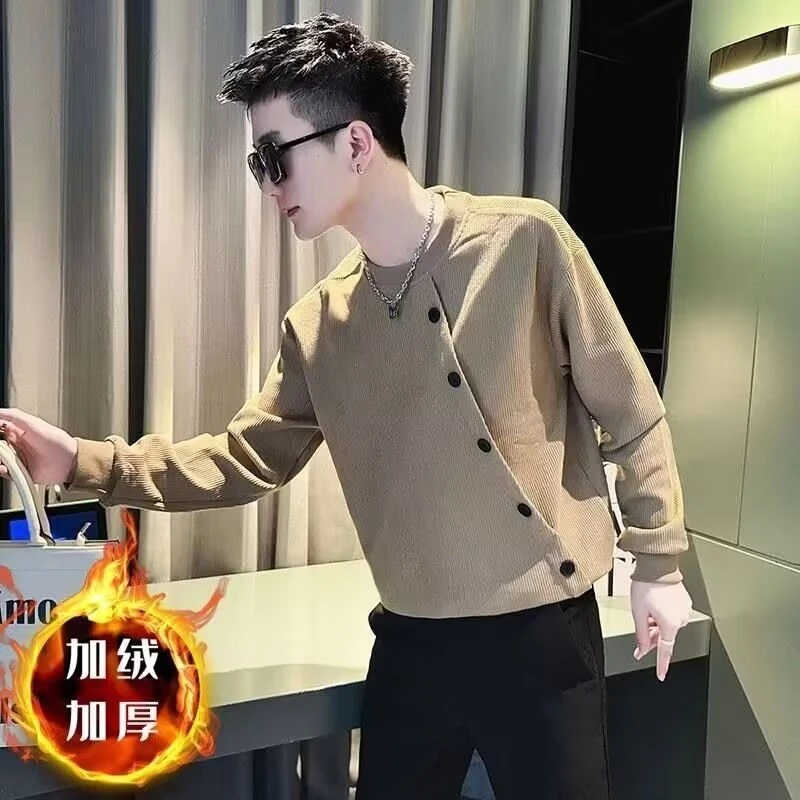 灯芯绒卫衣男秋冬潮牌设计感排扣加绒长袖衣服男装新款爆款打底衫