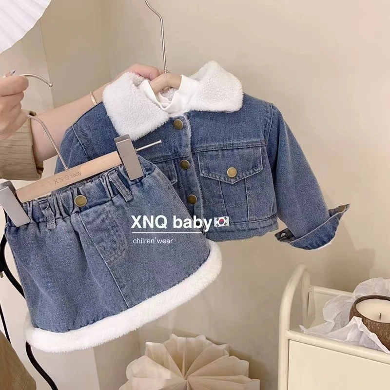 女童加绒牛仔套装韩版秋冬装加厚羊羔绒外套女宝宝夹棉半裙两件套