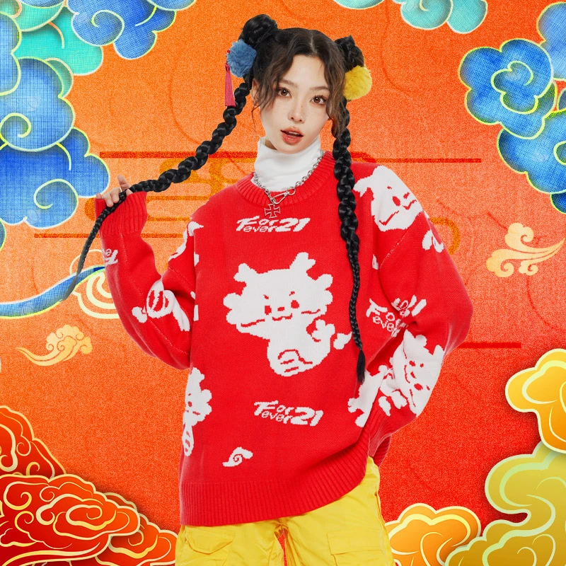 Nuthink卡通新年龙年宽松新年设计感情侣装百搭秋冬潮牌圆领毛衣