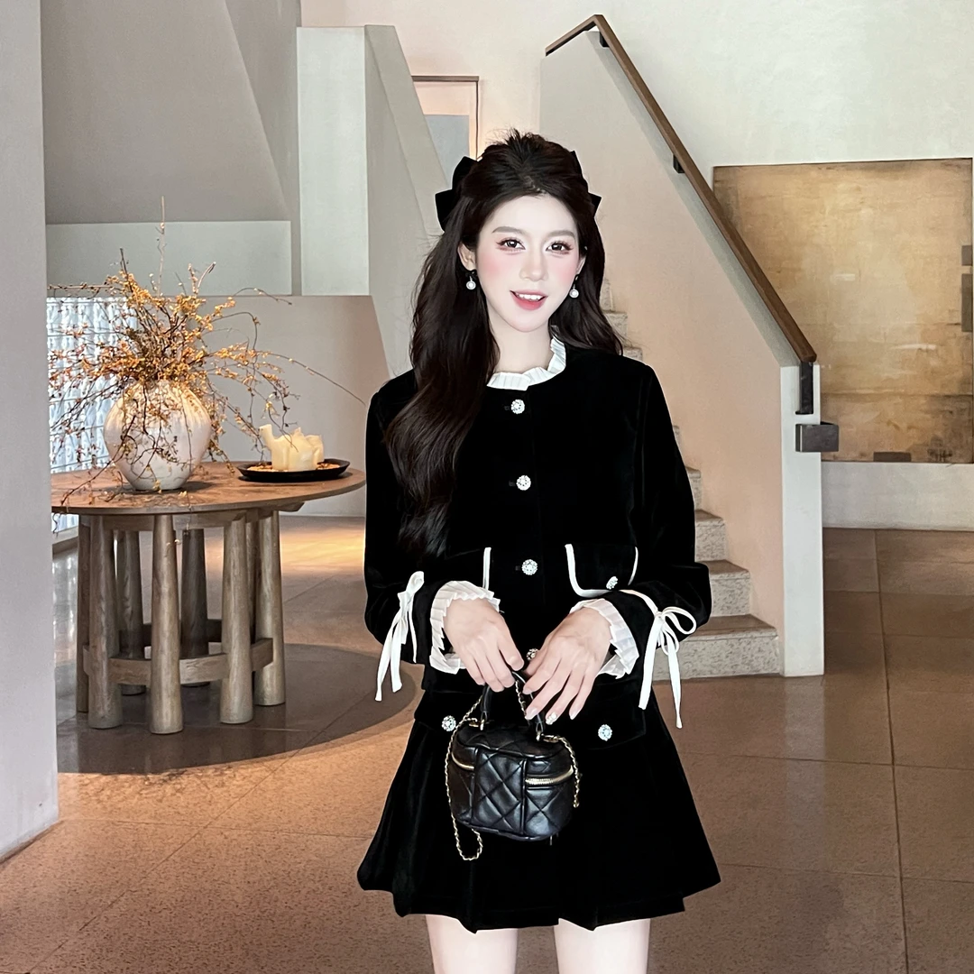 【财阀千金】显瘦小香风加白鸭绒套装气质时尚半身裙两件套