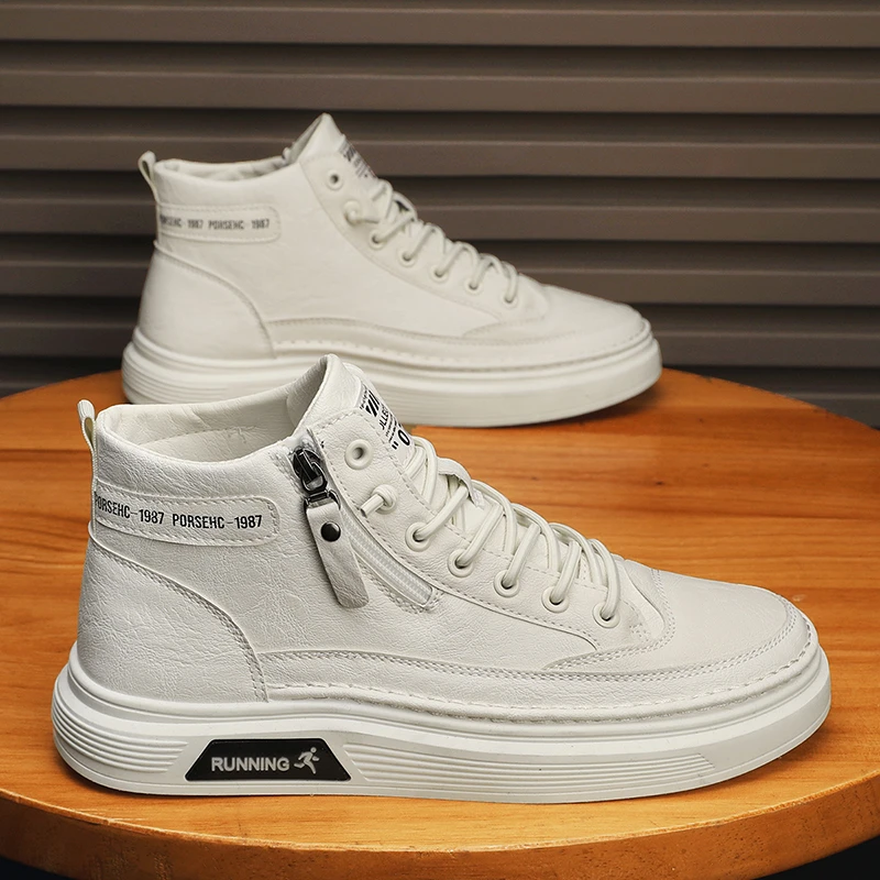 夏季新款休闲高帮男鞋百搭防滑防水平底板鞋子男皮鞋运动小白潮鞋