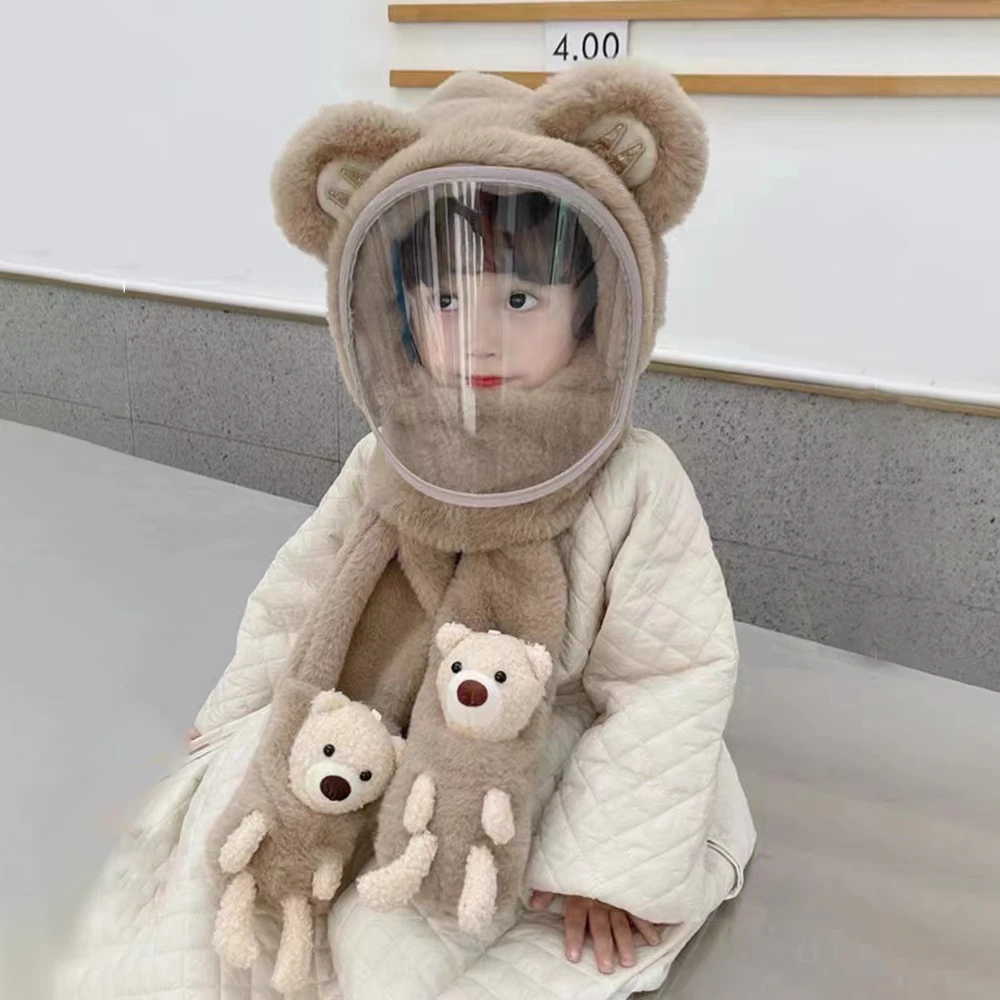 宝宝帽子冬季骑行保暖毛绒帽男女童防护面罩儿童围巾手套一体帽