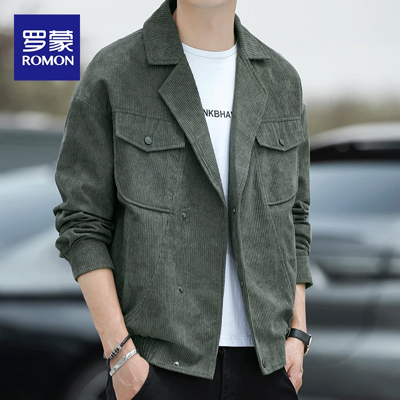 罗蒙潮牌灯芯绒休闲夹克男士春秋季新款美式小西服潮流百搭外套男