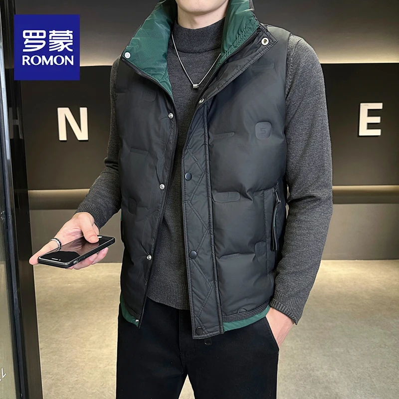 罗蒙秋冬季拼色立领羽绒马甲外套男士轻薄潮牌工装高级感百搭上衣