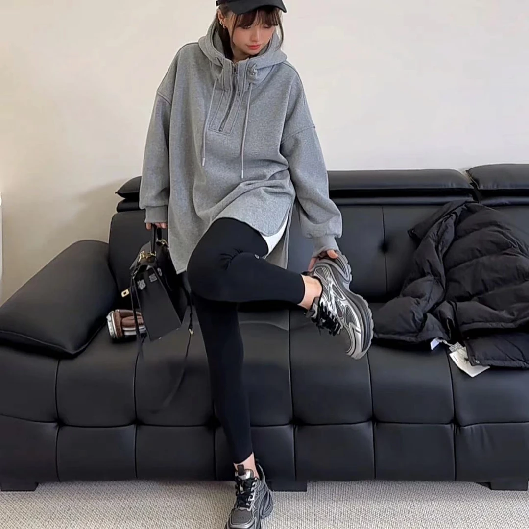 【郁儿严选】86121秋冬新款百搭休闲设计感半拉链连帽抽绳长袖卫衣