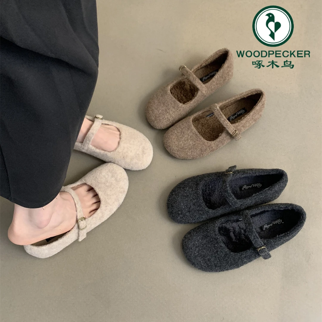 啄木鸟仙女洋气毛毛鞋冬外穿法式晚风气质加绒玛丽珍单鞋平底棉鞋