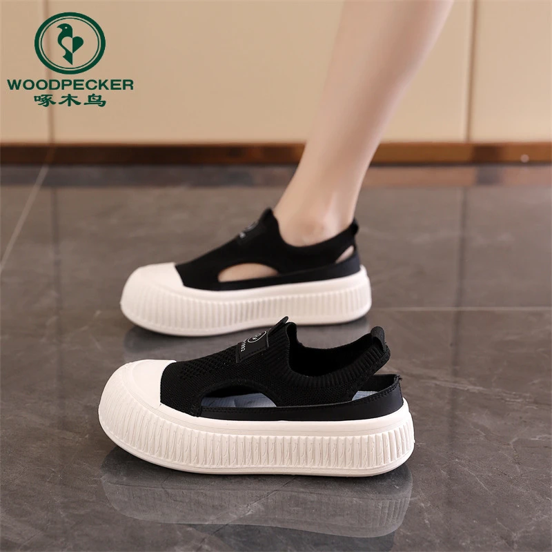 啄木鸟厚底凉鞋女夏季镂空2024年新款透气小众一脚蹬松糕运动板鞋