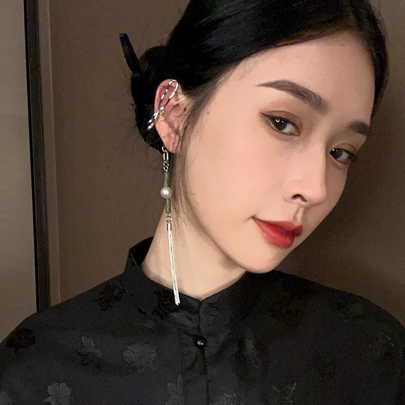铜合金耳饰 新中式耳挂流苏竹节串珠耳夹古风女8003