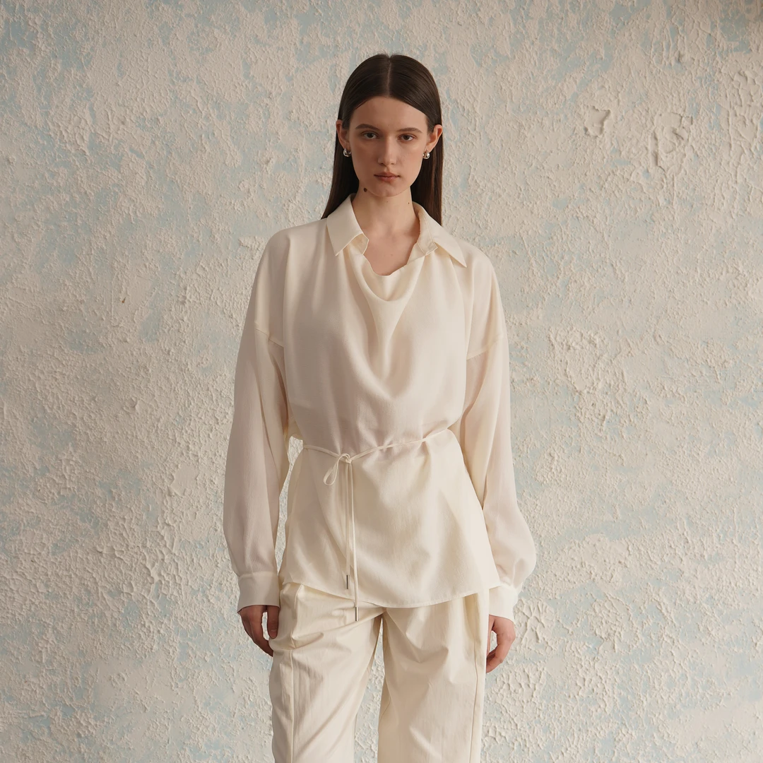 2LINKS｜极简纯色 荡领设计 醋酸长袖 落肩显瘦 气质慵懒衬衫